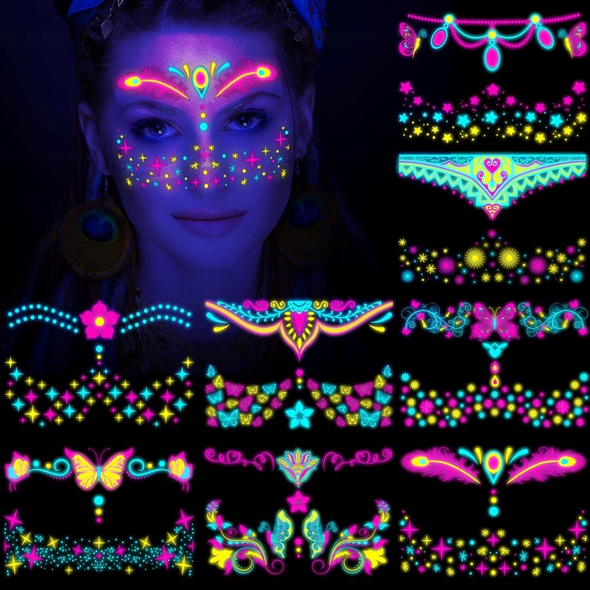 8x Neon Tijdelijke Tattoos UV Glow in Dark Waterdicht Feest