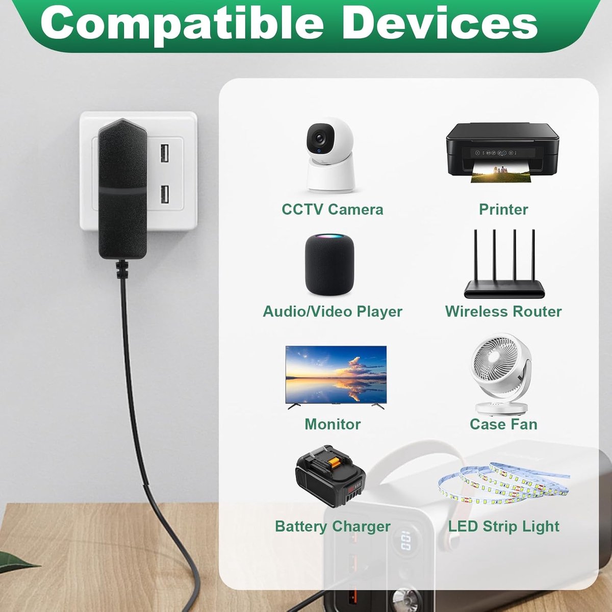 Stroomadapter 230 V naar DC 12 V - 5,5 mm aansluiting - 8 adapters inbegrepen - ideaal voor diverse apparaten - ShopVlot