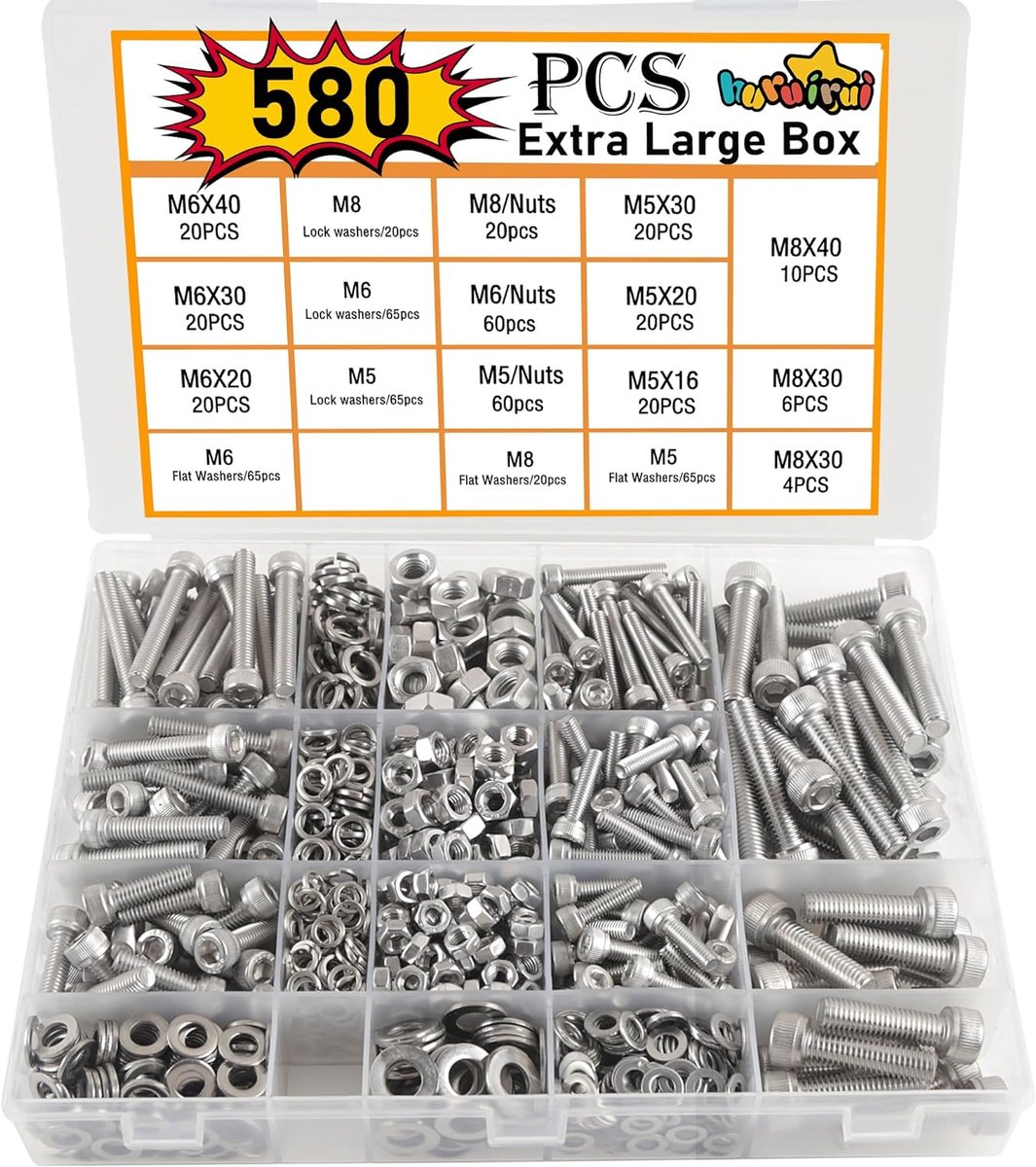 Schoef- en moer set 580pcs - M5 M6 M8 - RVS A2-70 - Perfect voor elektronica en autoreparaties - ShopVlot