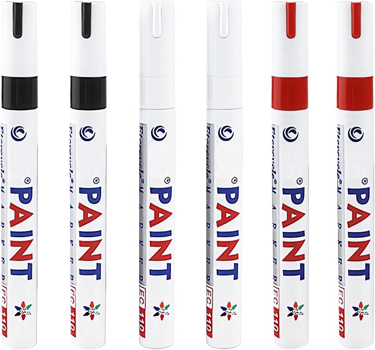 Universele markers set - 6 stuks - zwart, rood, wit - waterproof - ideaal voor het repareren van krassen - ShopVlot