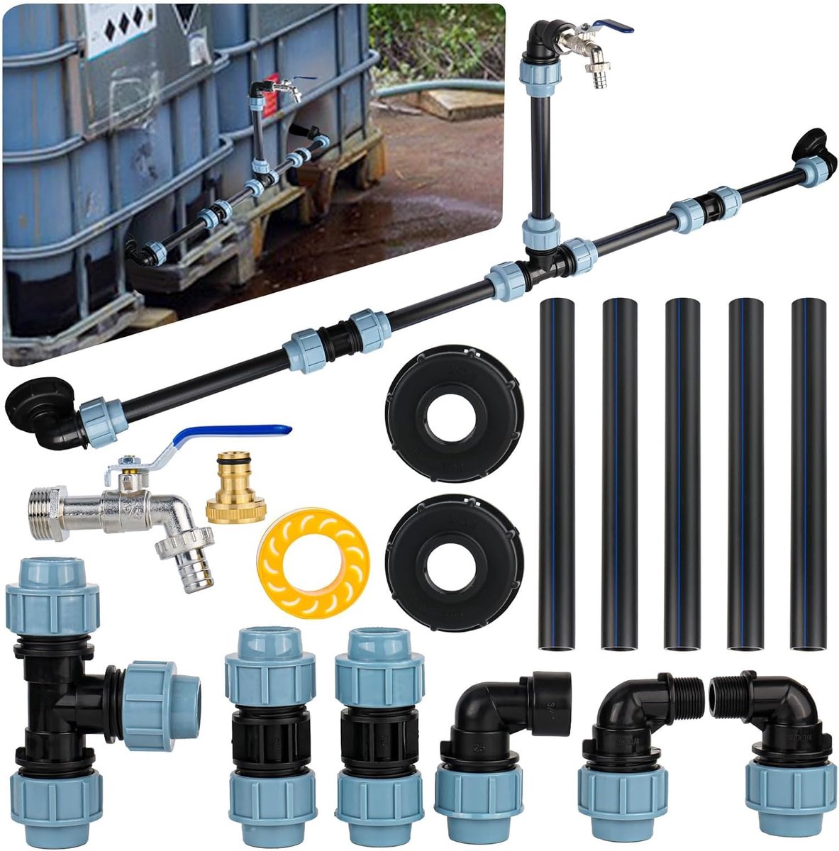 IBC adapter zwanenhals messing kraan S60x6 - afsluitkraan 3/4 inch - voor 2 IBC tanks - eenvoudig vullen - ShopVlot