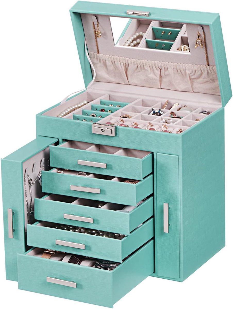 Sieradenopbergdoos groot - 6-laags met spiegel - slotbaar - ideaal voor sieraden en accessoires - ShopVlot