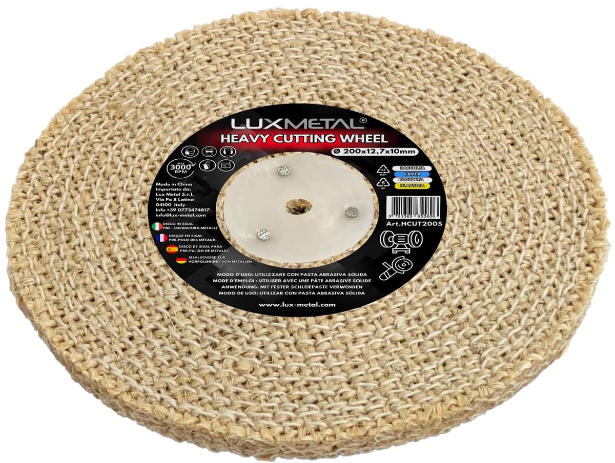 Polijstschijf Heavy Sisal 200 x 12,7 mm - metalen schijf - hoge dichtheid - voor agressief voorpolijsten - ShopVlot