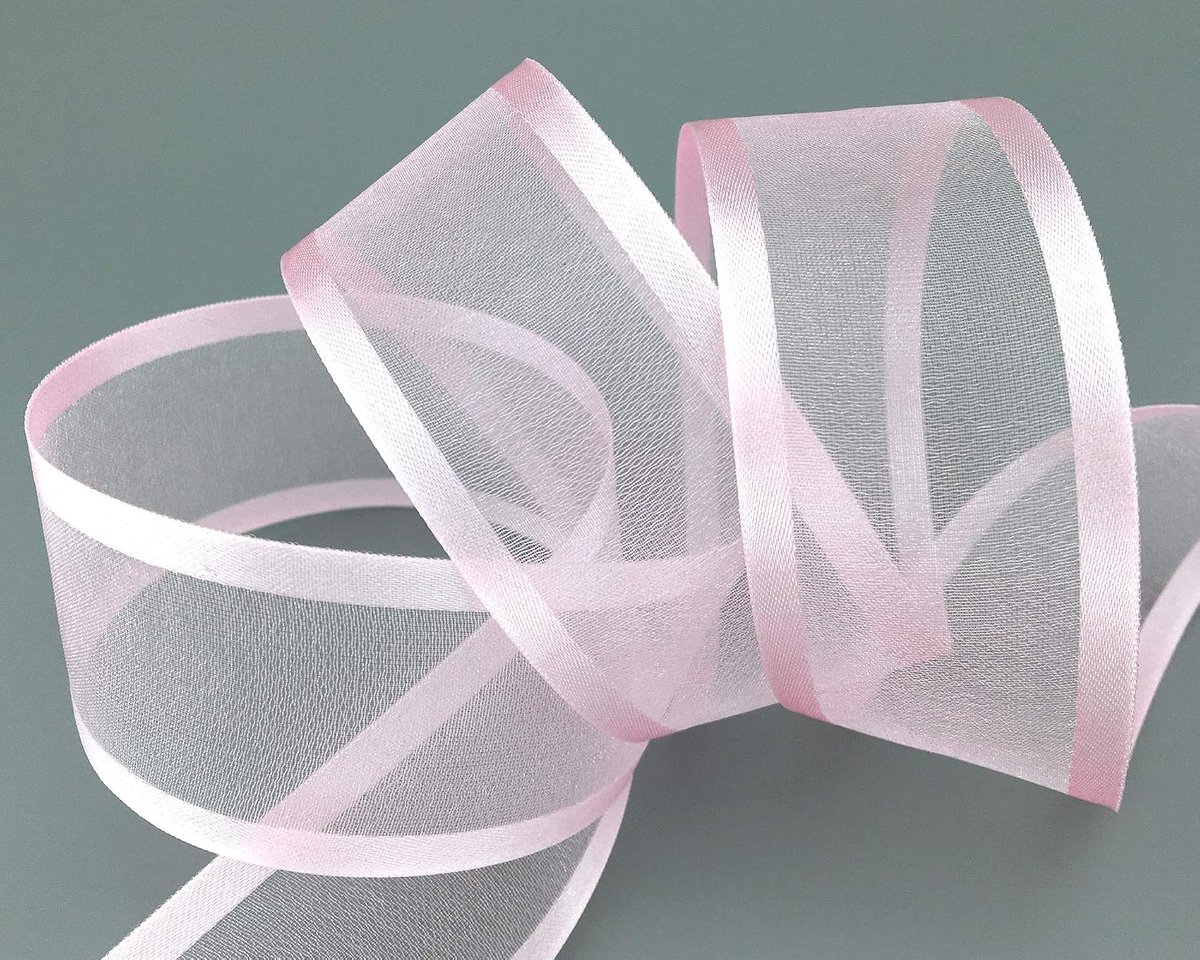 Chiffonlint met satijnen rand, 25 m x 38 mm, roze, lichtroze (50) chiffon, decoratief lint, cadeaulint, half-transparant, glanzend, zonder draad, organza