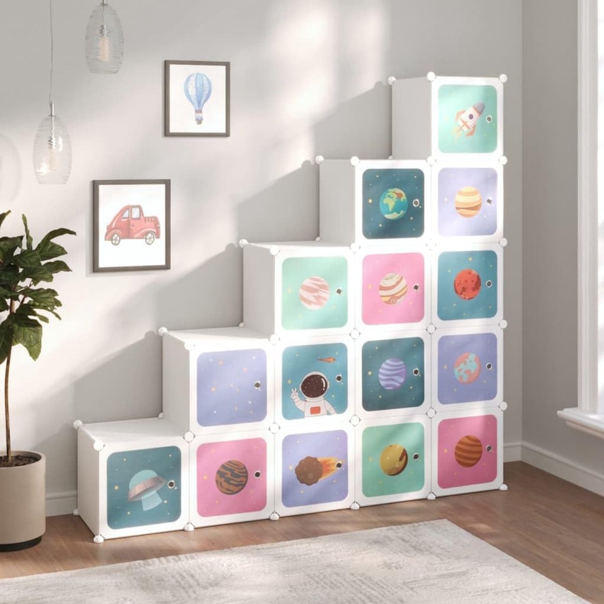 Kinderkast met 15 kubussen in wit van PP-kunststof, veelzijdig opbergrek met waterdichte platen en robuust stalen frame voor eenvoudige montage