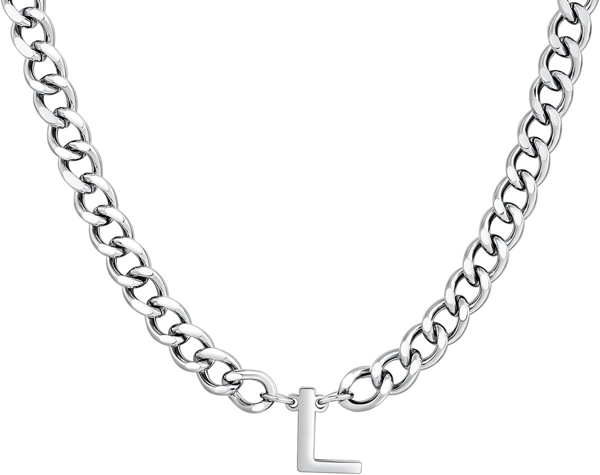 Herenketting met letters A-Z van 316L roestvrij staal, gepersonaliseerde halsketting met letterhanger voor mannen, zilveren ketting, cadeau voor mannen, vriend, broer, zoon, 6 mm breed, 45 cm + 5 cm