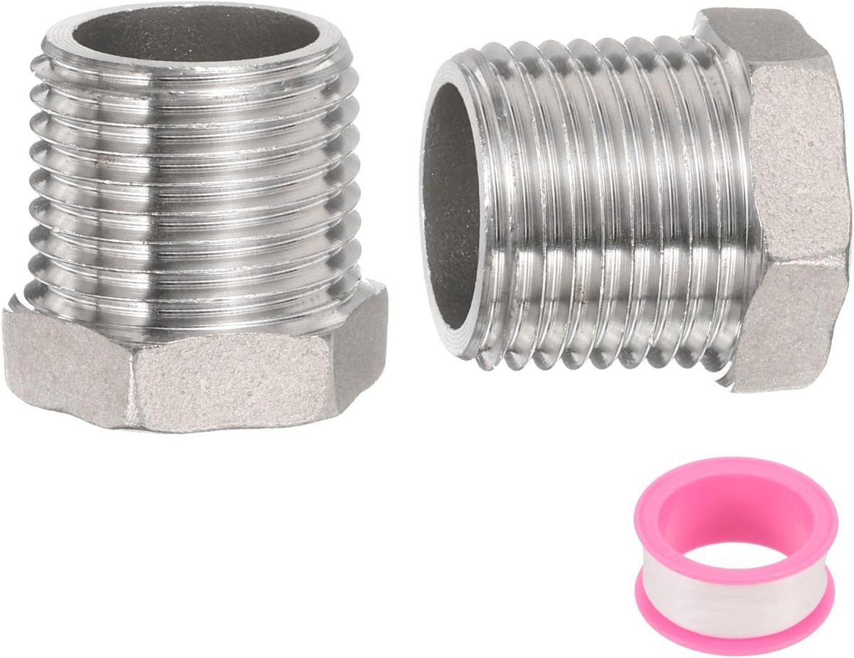 2 stuks 304 roestvrij staal verloopstuk zeskant mannelijk G1/2 inch x bus G1/4 inch schroefdraad verloopadapter buizen met PTFE-band, brandstofleidingen en pneumatische systemen