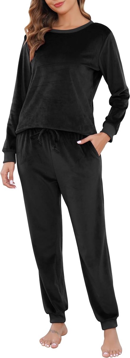 Damespyjama met lange mouwen van fleece, pyjamaset voor dames voor de winter met zakken, S-XXL