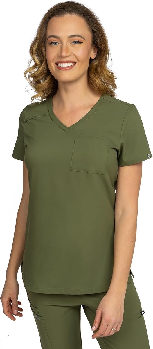Dames, antibacterieel, geurbestendig, strijkvrije medische kleding, met V-hals, zak en lus