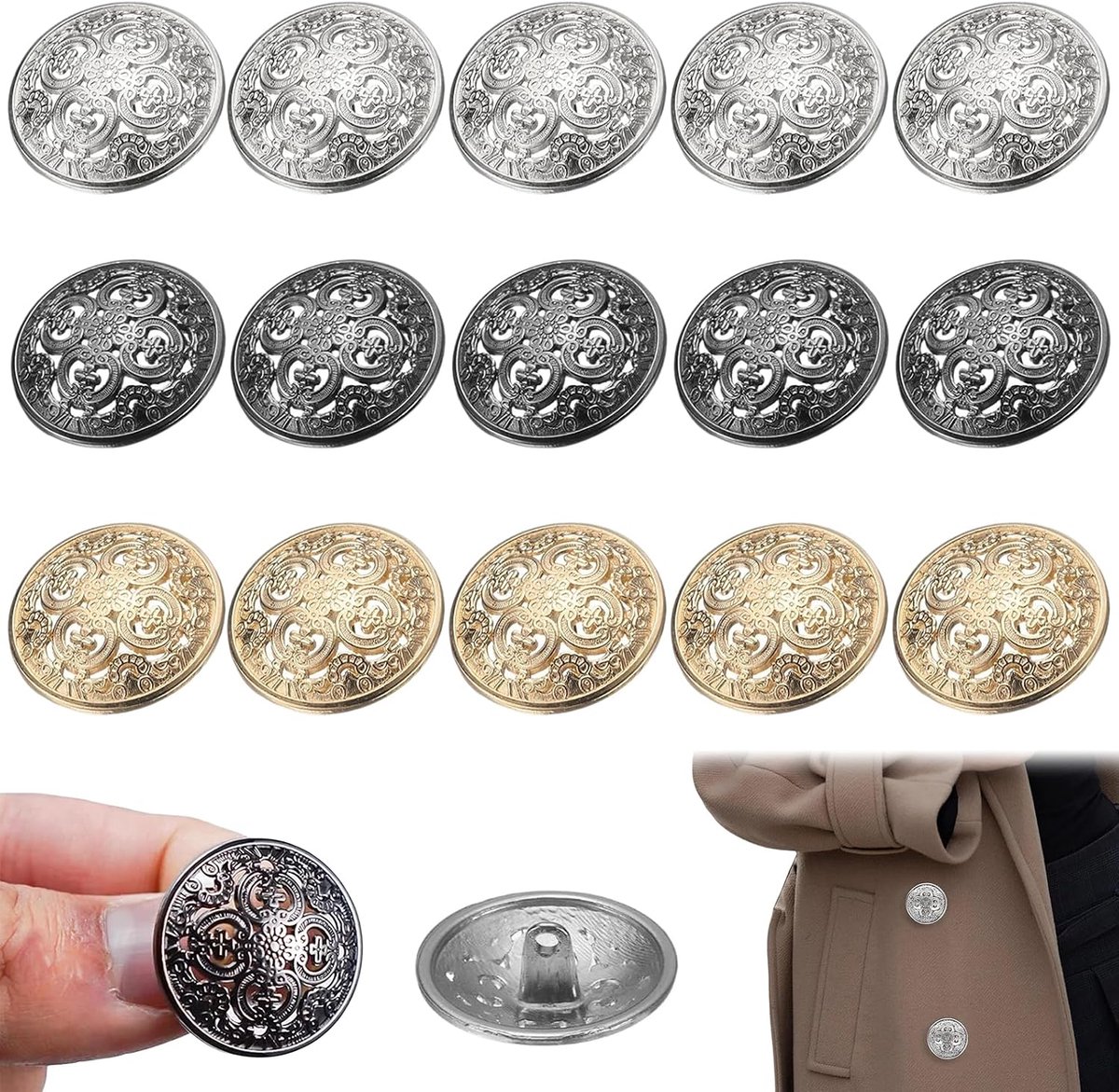 knopen set 20mm metaal rond – 15 stuks knopen voor kledingdecoratie en DIY – duurzaam, lichtgewicht en herbruikbaar – gunmetal/wit nikkel/goud