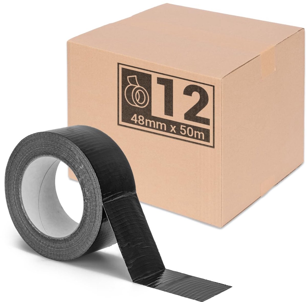 Verpacking Set van 12 premium weefseltape, zwart, 50 m x 48 mm, pantsertape, reparatietape, hoge kleefkracht, gaffatape, met natuurlijk rubberen lijm