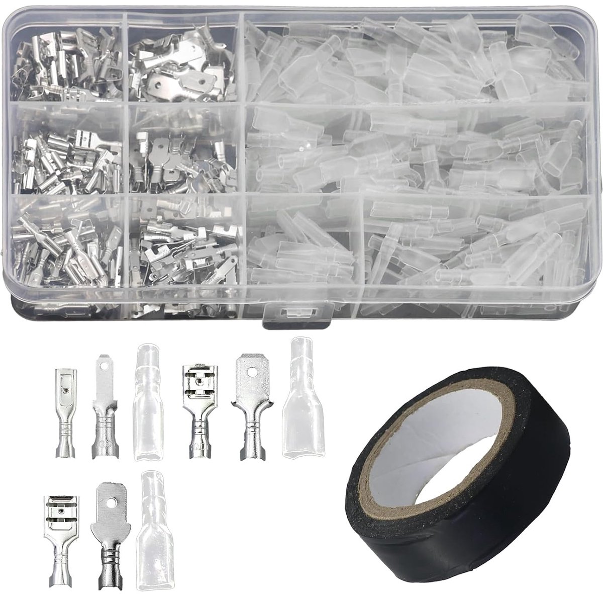 360 stuks kabelschoenenset, platte steekhulzen, 2,8 mm, 4,8 mm, 6,3 mm platte stekker, mannelijke en vrouwelijke kabelstekkers met isolatiehuls, elektrische krimpverbinders met 1 rol isolatietape