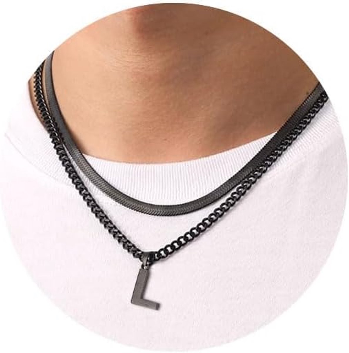 Halskettingen Heren met Letter A-Z Zilver Goud Zwart 316L Roestvrije Stalen Cubaanse ketting Slangenketting Dubbele ketting Cadeaus voor Mannen 18+20 Inches