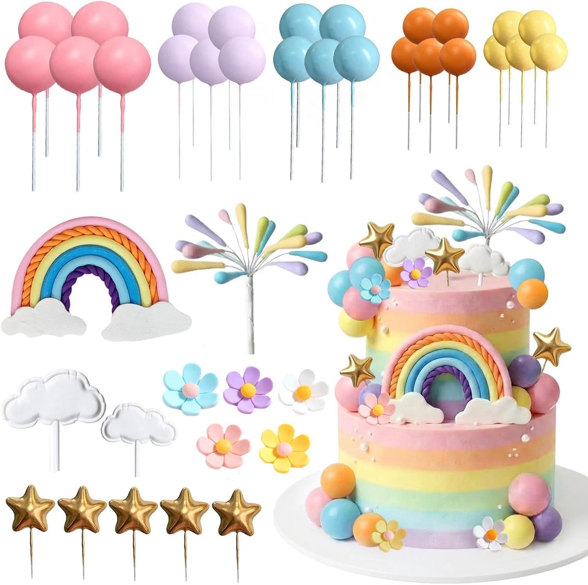 39 stuks regenboogtaartdecoratie, pastelkleuren, taartdecoratie, ballen, taartdecoratie, bloemen, wolken, schattige regenboogtaartdecoratie voor verjaardag, bruiloft, babyshower