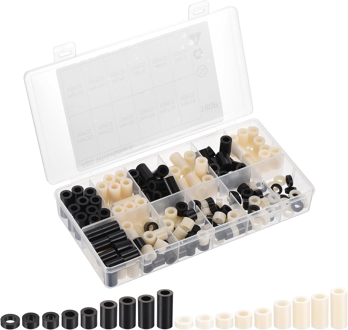 M6 Nylon Spacer-set, 180 stuks niet-schroefdraadspacers van ABS-ronde spacer-afstandhouders voor printplaten, circuits, schakelaars en stopcontacten, zwart/wit