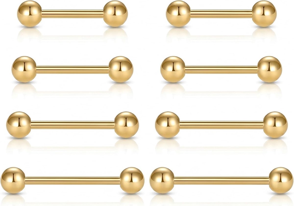 8 stuks tepelpiercing, tongpiercing, 14G, 1,6 mm chirurgisch staal, rechte barbells, tepelpiercing, industriële piercing, sieradenset, 12 mm, 14 mm, 16 mm, 18 mm, zilver, zwart, goud