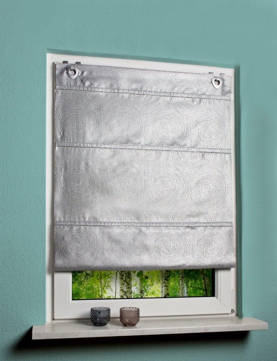 rolgordijn vouwgordijn raamgordijn vouwgordijn oogjesrolgordijn gordijn decostof met cirkels en afdeklijst Lurex MET raamhaken in de kleur natuurlijk zilver 1 stuk BxH: 60 x 130 cm
