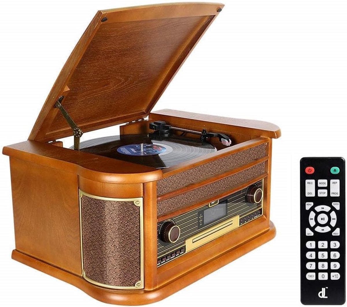 Platenspeler 9-in-1 DAB+ vinyl draaitafel hout Bluetooth/FM/stereo-luidspreker/CD/MP3/cassette/USB