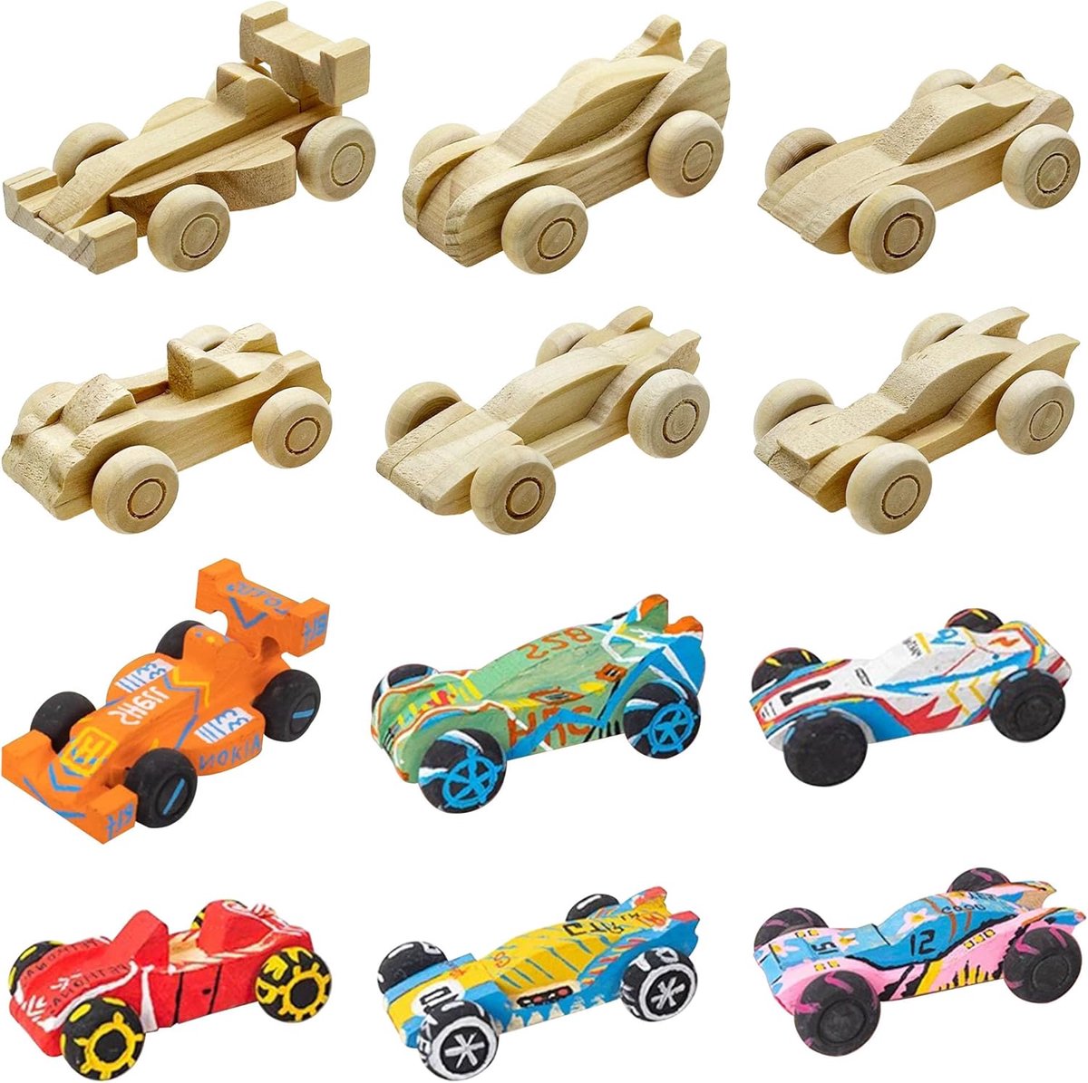 Houten auto's, doe-het-zelf knutselset, houten doe-het-zelfauto, onafgewerkte houten auto's voor thuisactiviteiten, knutselprojecten, 6 stuks sportwagens