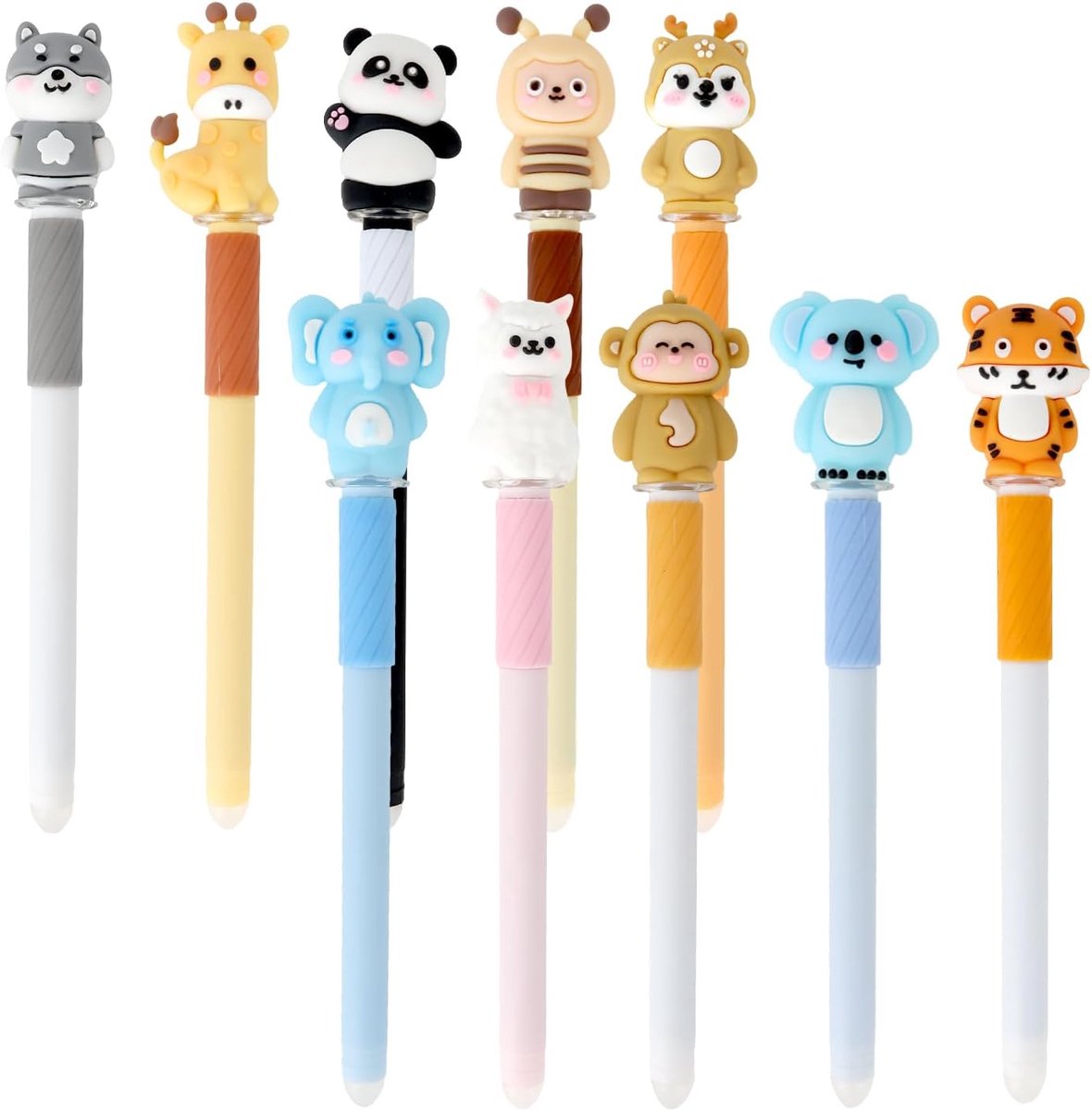 10 stuks schattige diermotieven, uitwisbare gelstiften, 0,5 mm balpen met blauwe vulling en gum, verschillende diermotieven