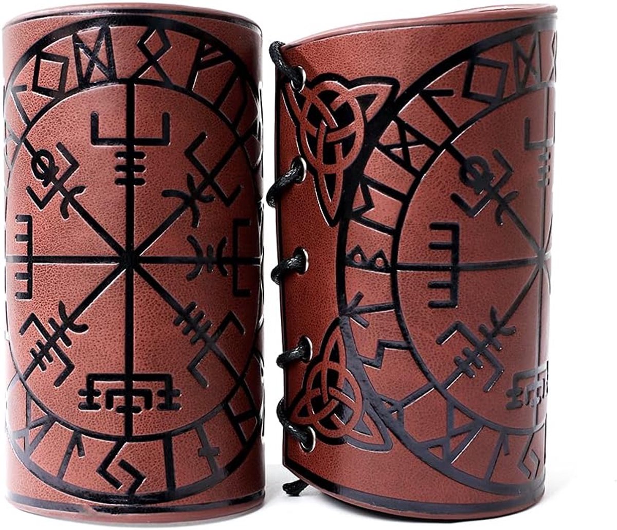 2 stuks lederen handschoen polsband punk breker lederen armbeschermers handschoen viking runic kompas reliëf arm brekers, middeleeuwse lederen armbeschermers, boogschieten armbeschermer (bruin)