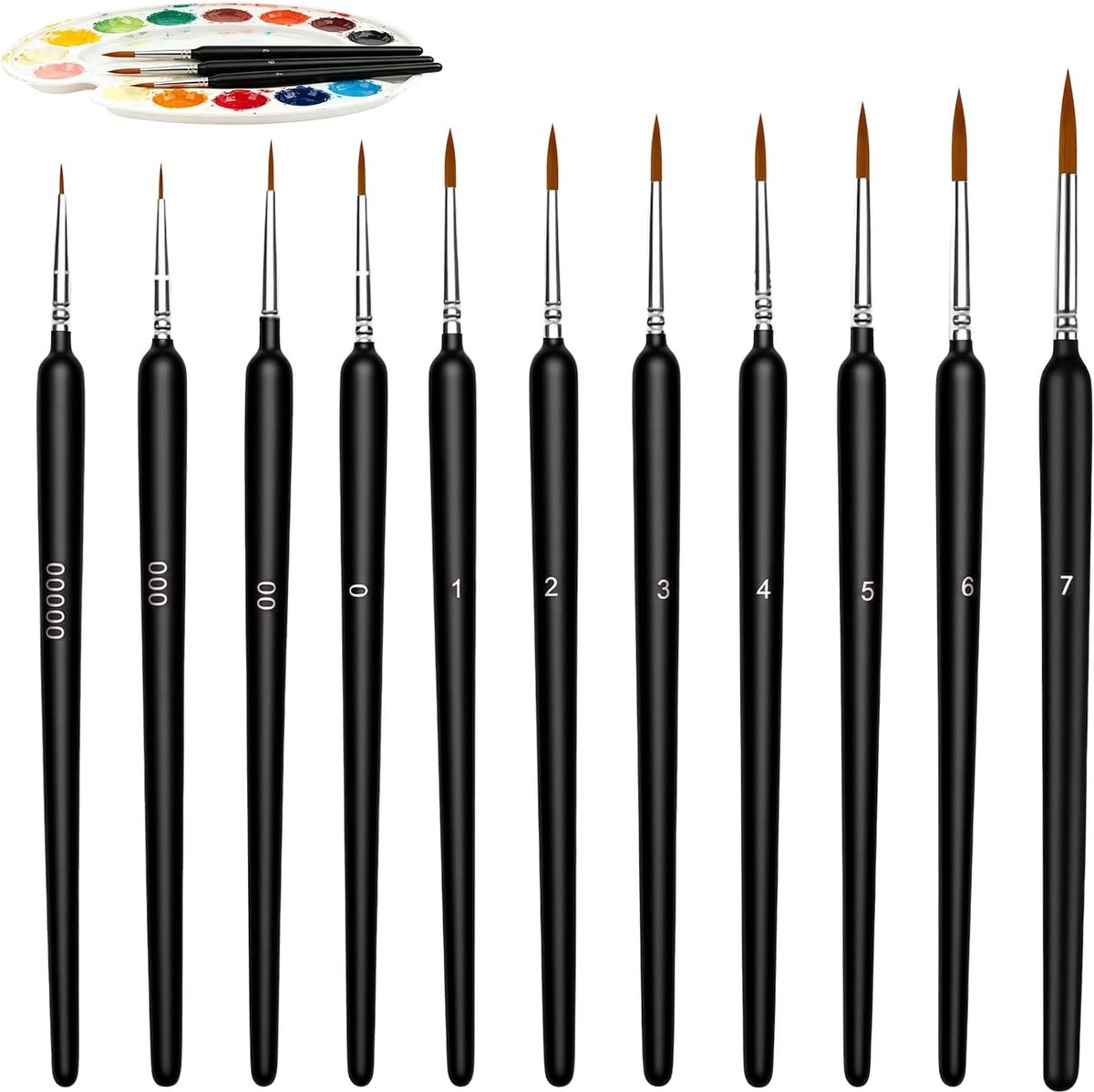 Set van 11 fijne penselen 00000-7, acrylverf, precisie, acryl, aquarel, olie, manicure, modelbouw, handwerk, zachte geitenharen