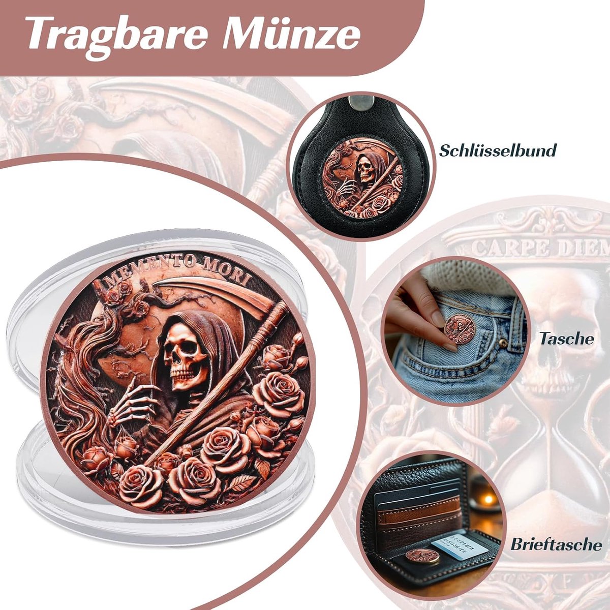 Memento Mori Stoïsch medaillon met roos, brons EDC medaillon voor levensreflectie, Carpe Diem dagelijkse herinneringsdaler, stoïcijnse cadeaus voor mannen en vrouwen
