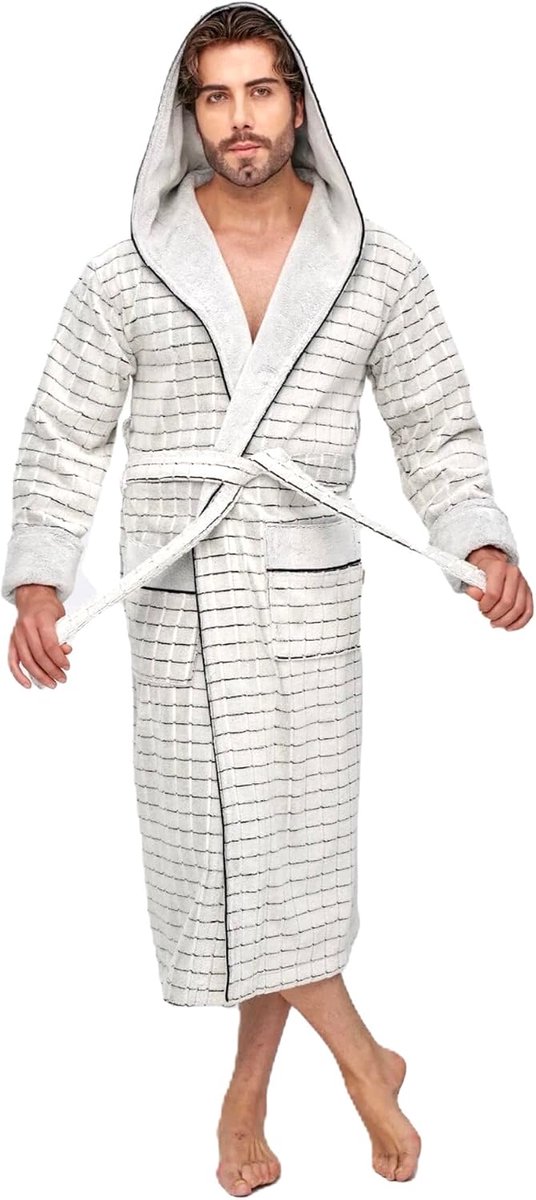 Heren Badjas met Capuchon, Lang, Gestreept Patroon, Wit met Zwarte Bies, Maten M tot 3XL