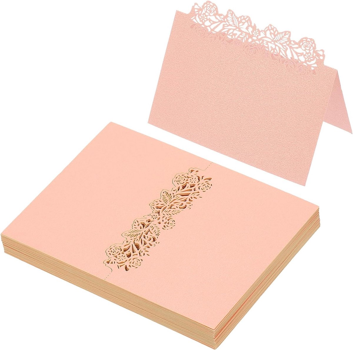 50 stuks bruiloft plaats kaarten, laser gesneden roos tafel plaats kaart gevouwen tent kaart naam kaarten voor tafel instelling bruiloft receptie buffet, roze