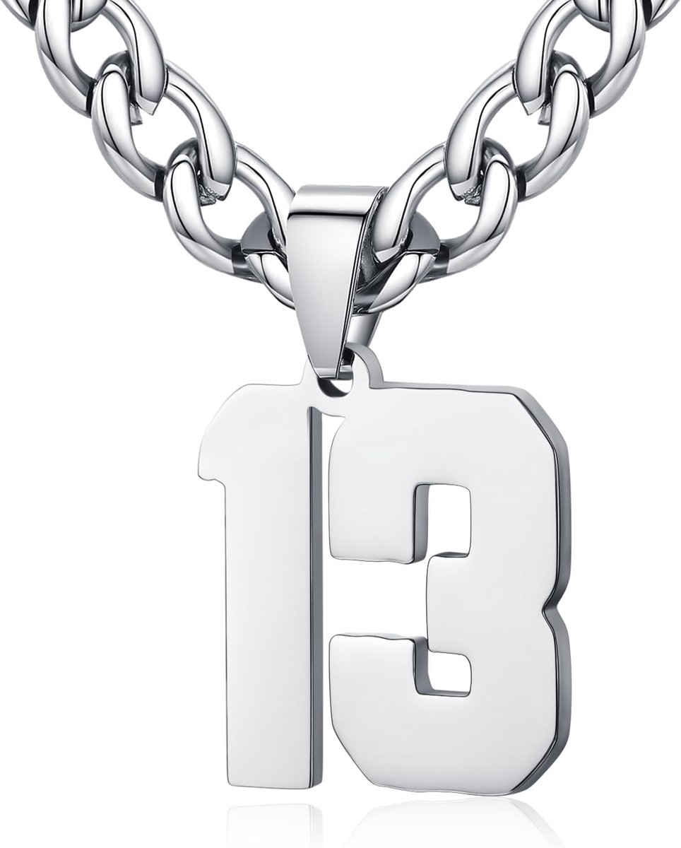 dames roestvrij staal 0-99 getal hanger geluksgetal jersey nummer sporter halsketting gepersonaliseerd met 6 mm brede pantserketting, Roestvrij staal