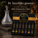 EasyMart aroma diffuser met donker houtnerf patroon, met een doos van 14 essentiële oliën ernaast.