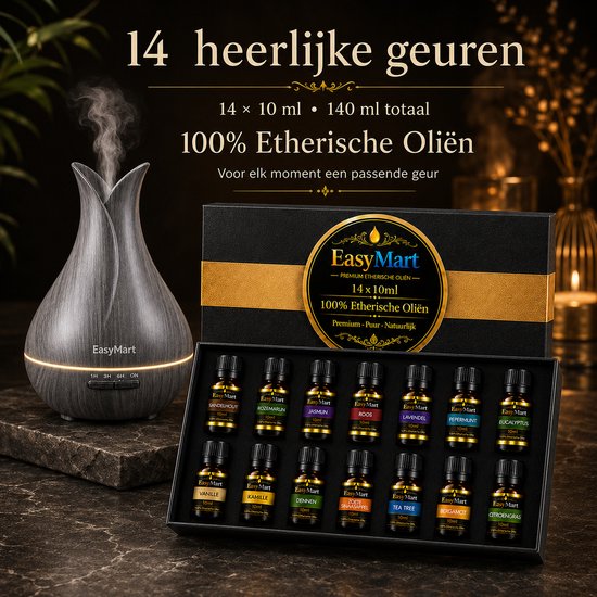 EasyMart aroma diffuser met donker houtnerf patroon, met een doos van 14 essentiële oliën ernaast.