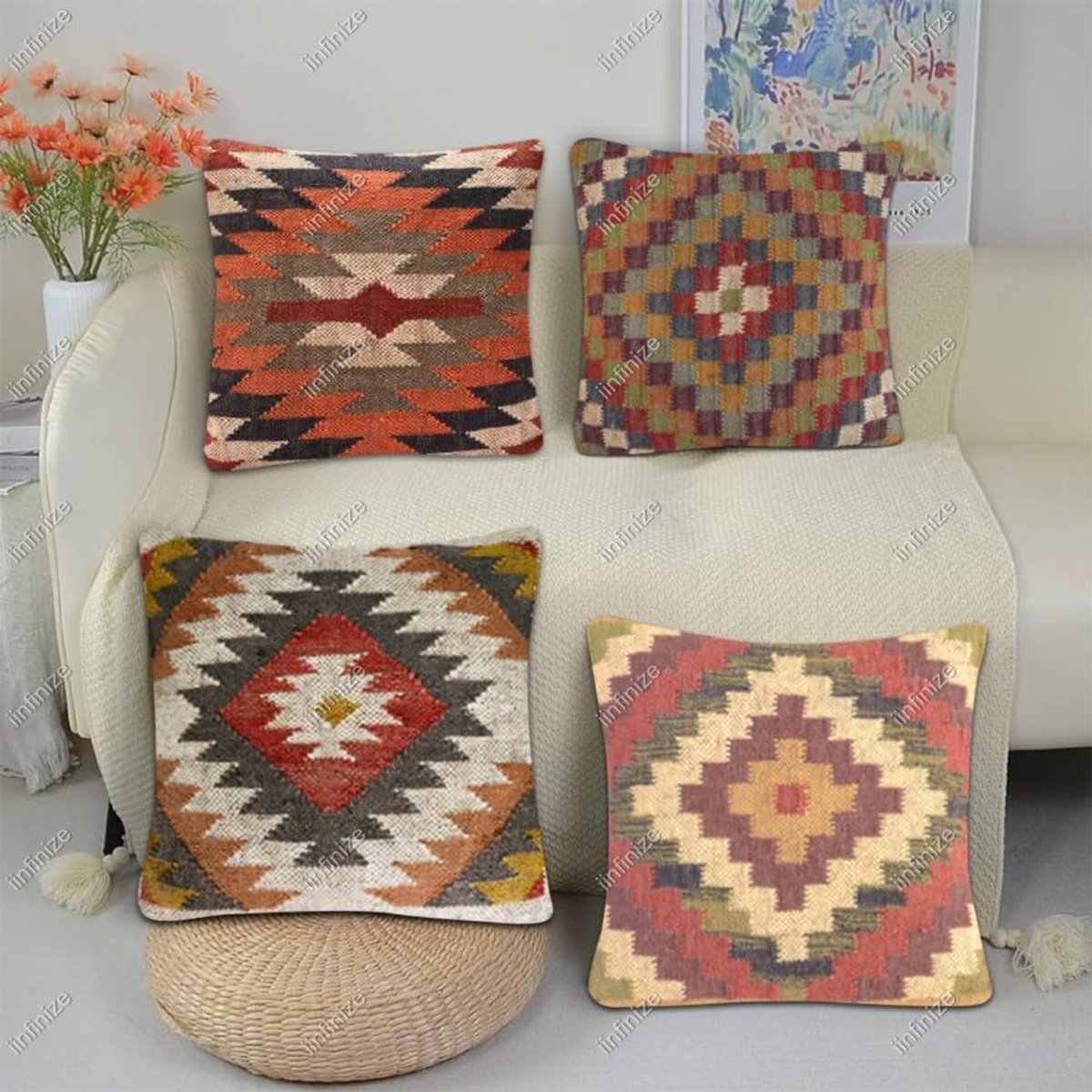 Kussenhoes 45 x 45 cm - Wollen jute - Handgemaakt kelim ontwerp - Decoratief voor woonkamer - SnelShoppen