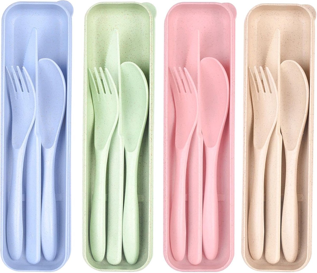 Bestek set met etui, draagbare bestekset van messen en vorken van kunststof, herbruikbaar, voor picknick en camping, reizen (4 kleuren)