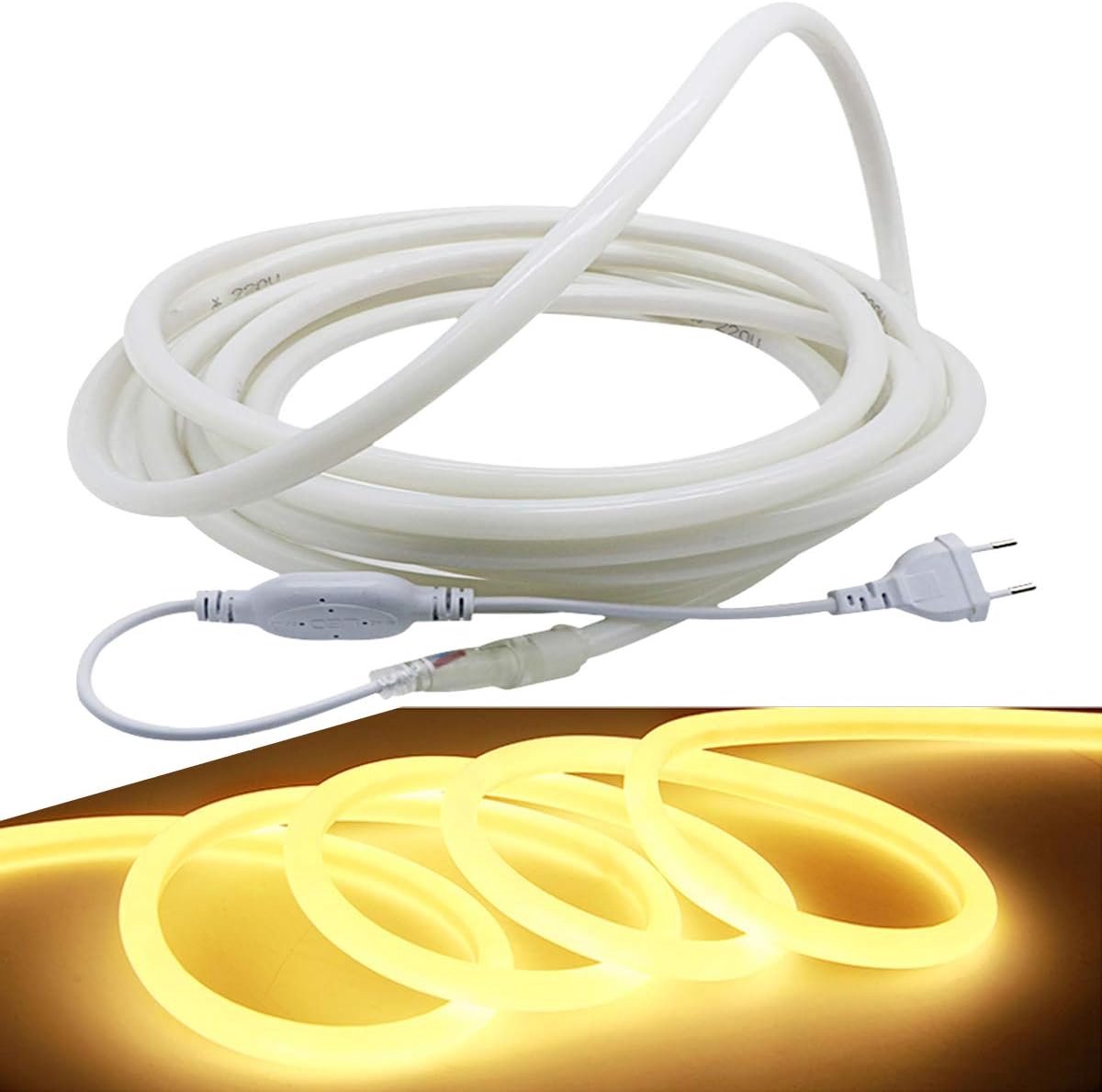 10m neon touw LED-stroken Warm Wit, ronde 360° luminescentie, 2835 flexibele LED-lichtstrook zonder lichtpunten, 230V verlichting, waterbestendig voor tuinfeest bruiloft decoratie