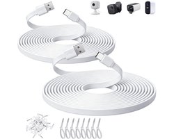2 stuks 3 m platte USB-C-kabel, USB-A-naar-USB-C-oplaadkabel voor Blink Mini 2/Outdoor 4, Ring Pan-Tilt Indoor Cam, eufy Cam S3 Pro, SoloCam S340/S350/S220/C210 en andere bewakingscamera's, W