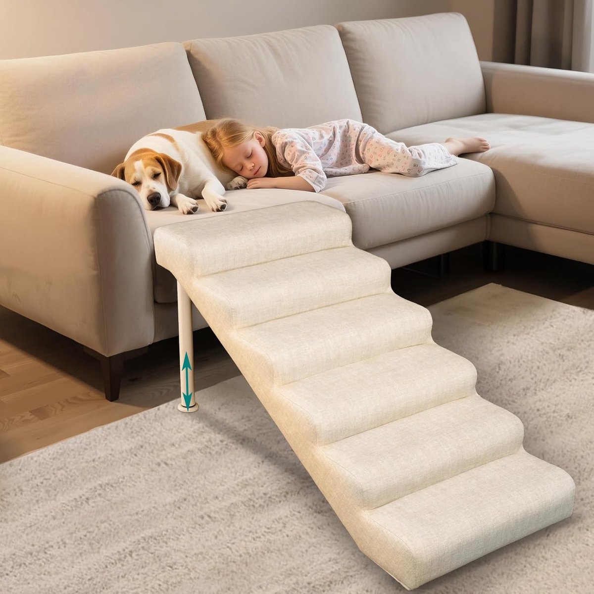 Antislip, zachte huisdiertrap, in hoogte verstelbaar, meerdere niveaus, huisdiertrap voor honden en katten, beige, XL, 6
