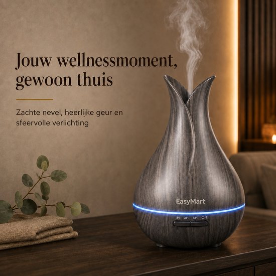 Donkergrijze EasyMart aroma diffuser met houten afwerking, zachte nevel, heerlijke geur en sfeervolle blauwe LED-verlichting.