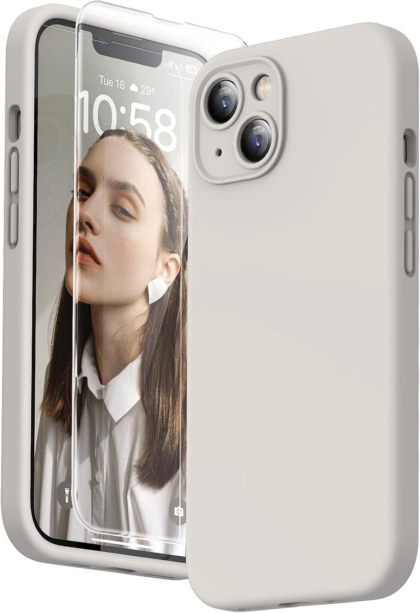 3-in-1 hoes voor iPhone 13, met 2 stuks beschermglas, vloeibare siliconen, antislip, krasbestendig, stootvast, telefoonhoes voor iPhone 13, steengrijs