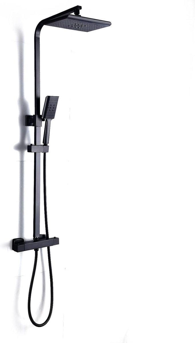 Doucheset, regendoucheset, douchesysteem met thermostaat, messing douchekraan, verstelbare douchezuil, regendouchekop, 18 x 27 cm, met regenhanddouche, rek, douchezuil, regendouche