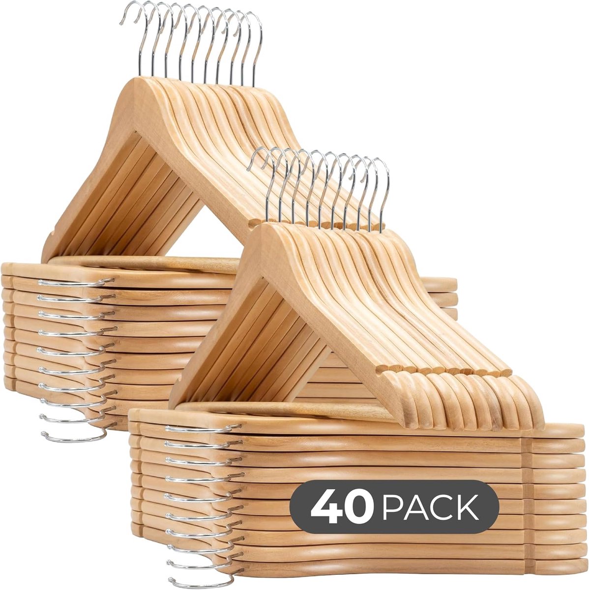 40 houten kleerhangers met haken van 360 staal draaibaar en met antislip kunststof gecoat met inkepingen en stang voor broeken, jurken, overhemden, jassen, mantels - koop wit, walnoot en natuur