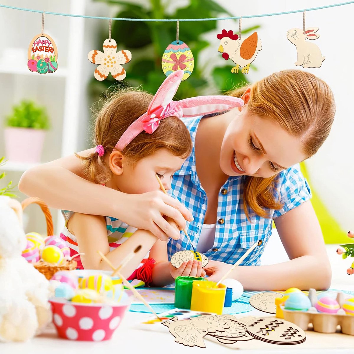 50 Stück Holzanhänger Ostern Basteln Kinder Unvollendete Ostereier Hasen Huhn Blume für zum aufhängen Osterdeko Holz