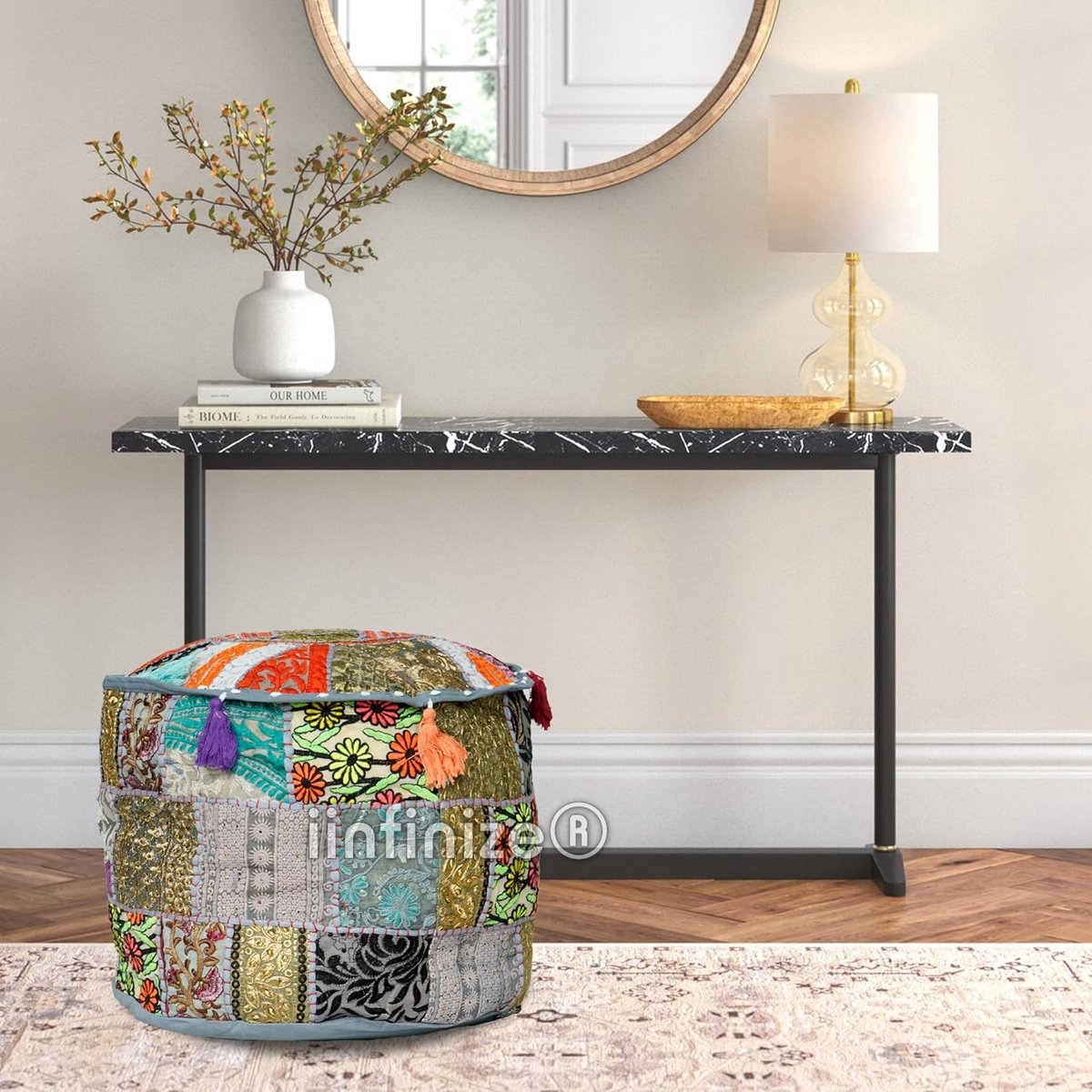 Ottoman pouf 18x18x13 inch - kleurrijk katoen - geborduurd vintage patchwork - veelzijdig voetensteun - SnelShoppen