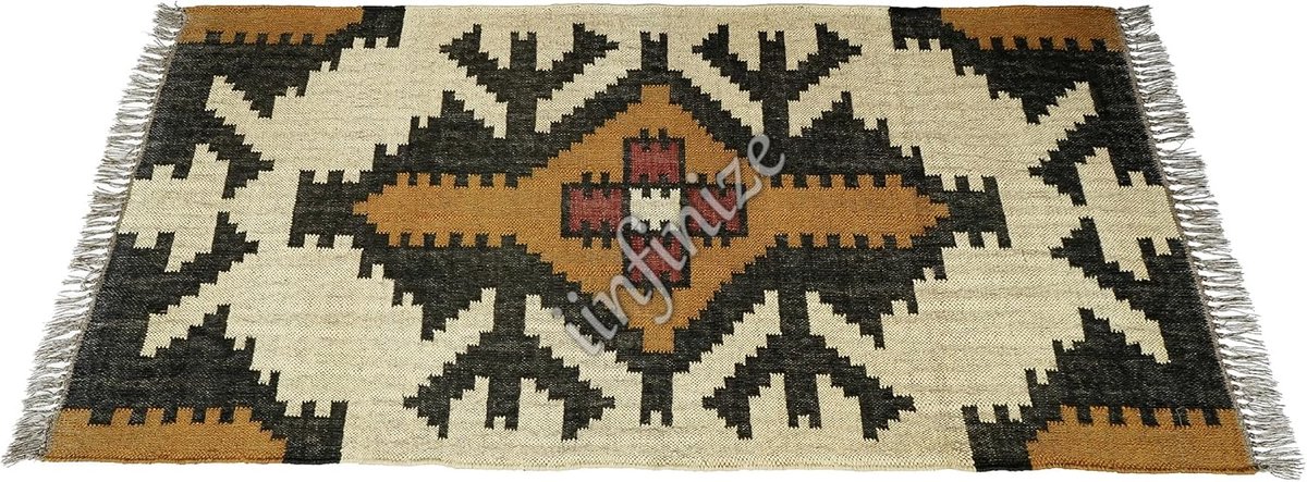Wollen jute loper 4x6 - handgeweven tapijt - bohemian stijl - perfect voor meditatie - SnelShoppen