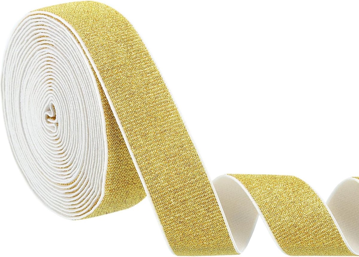 Glitters naaibanden, 3,5 x 12,5 m, elastische stretchband, metallic glinsterende naaiband, wikkelband voor doe-het-zelf handwerk, taille, broeken, kleding (witte rand, goud)