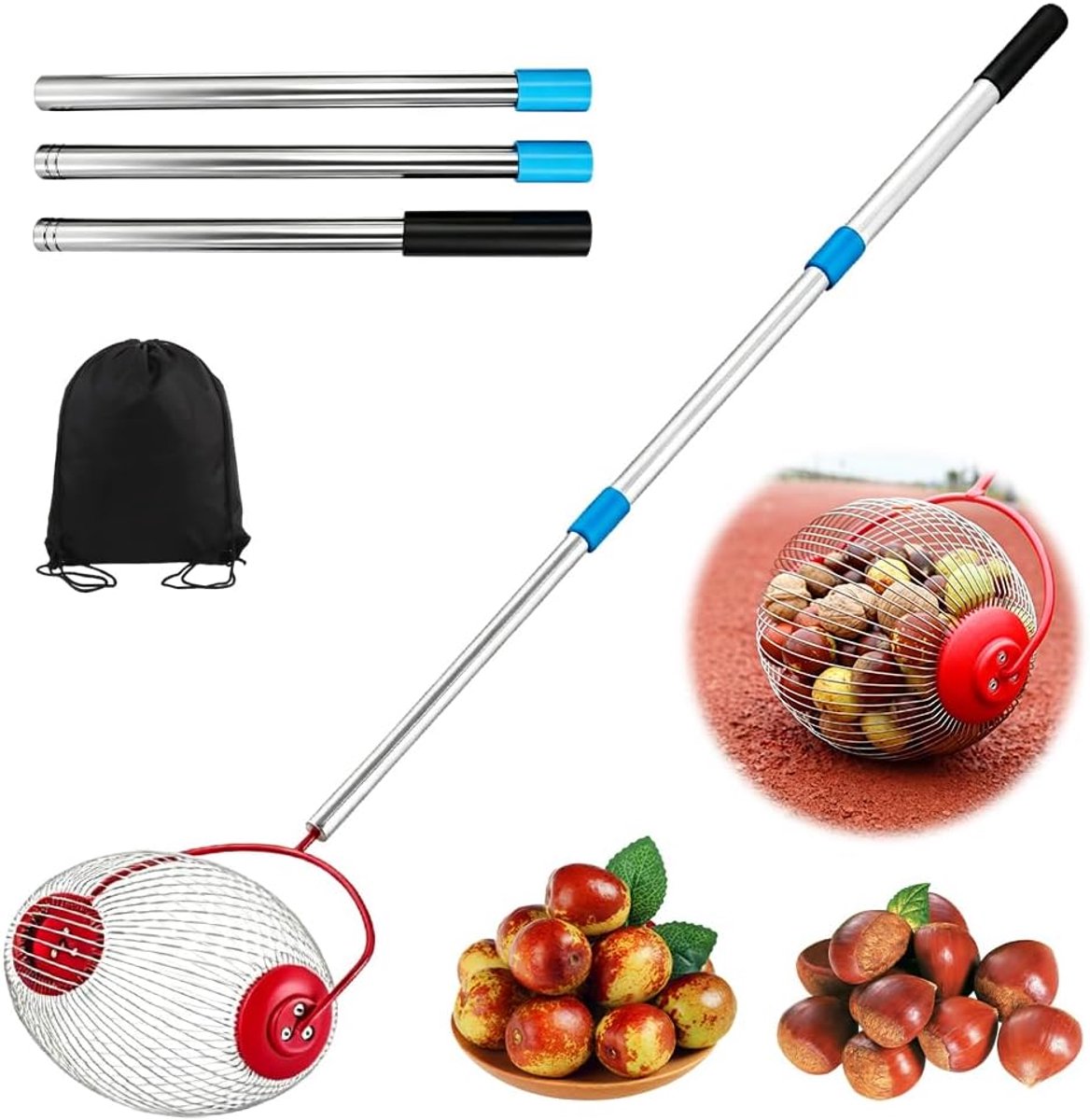 Rolverzamelaar, 120 cm, notenverzamelaar, rolverzamelaar, fruitverzamelaar, rolverzamelaar met telescoopsteel, valvruchtenverzamelaar, geen bukken nodig voor hazelnoot