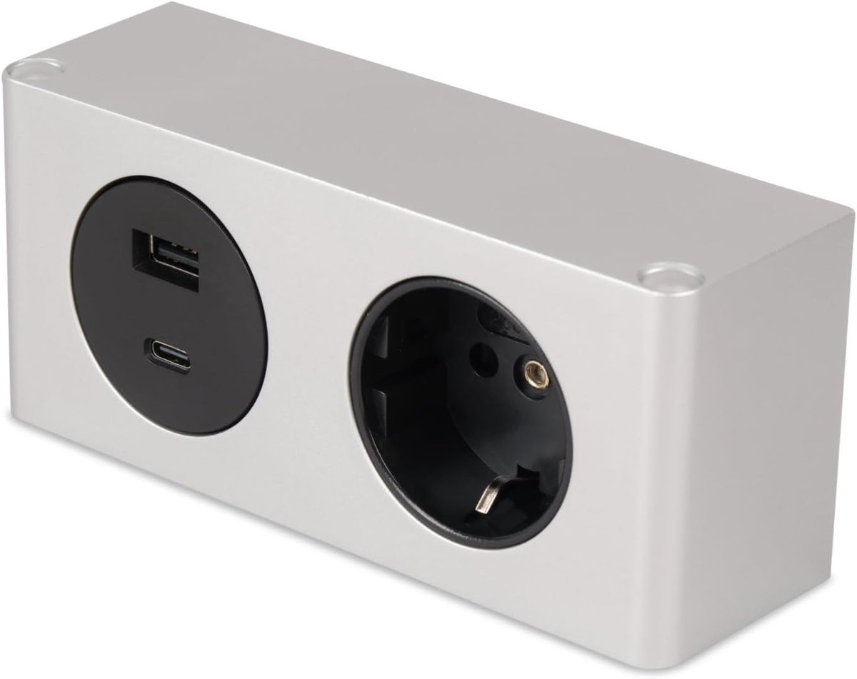 Kalb | Meubel-USB-Powerbox, Onderbouwmontage, 230V stopcontact, USB-A en USB-C aansluiting, 140x46x62,5 mm, Zilver - Laadstation voor elektrische apparaten