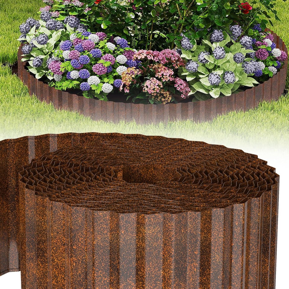 Gazonrand, flexibele gazonomranding van metaal, verzinkt, bloembedomranding, tuinafbakening voor wortelstop, gazon, maaikant, bloembed, roestkleurig, 18 cm x 1000 cm