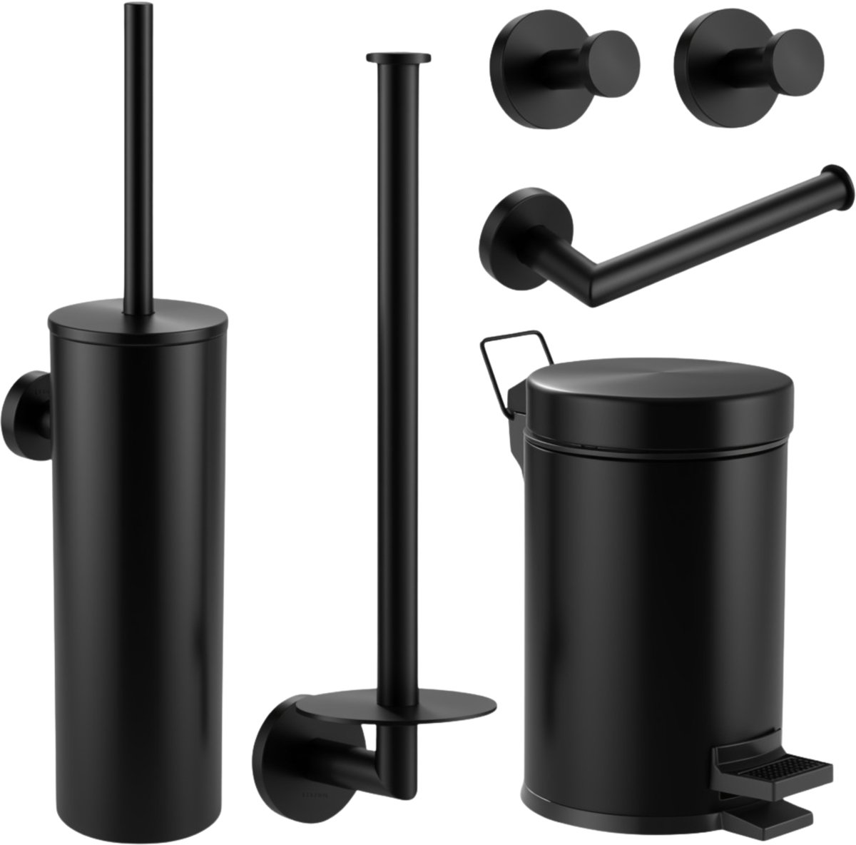 Toiletaccessoireset Zwart - Pedaalemmer 3L - Toiletborstelhouder - Toiletrolhouder - Reserverolhouder - Handdoekhaakjes - RVS