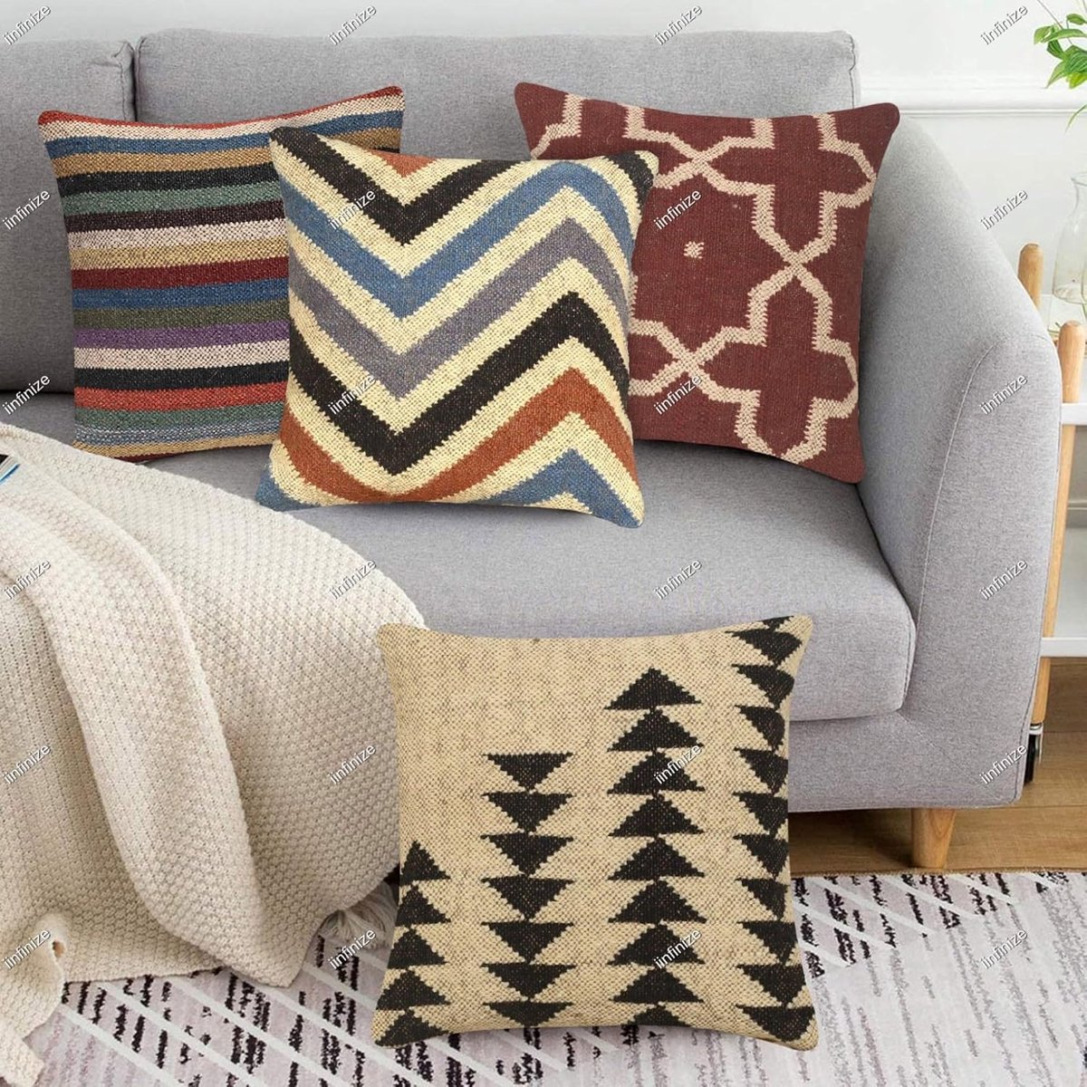 Kussenhoes set van 4 - Bohemian 18 inch - Wol-Jute - Handgeweven design - SnelShoppen